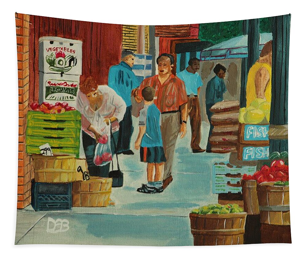 Cityscape Tapestry featuring the painting Jame St Fish Market by David Bigelow