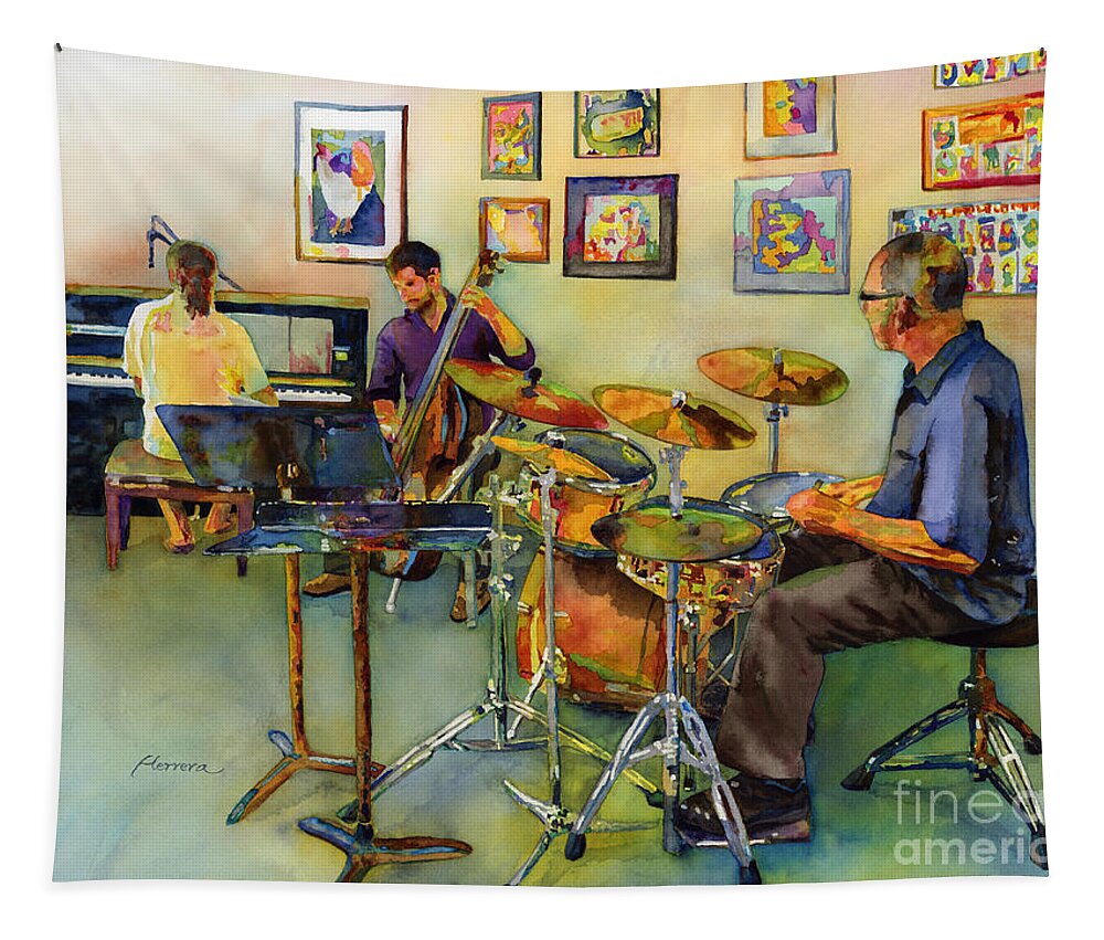 Jazz Tapestry featuring the painting Jazz at the Gallery by Hailey E Herrera