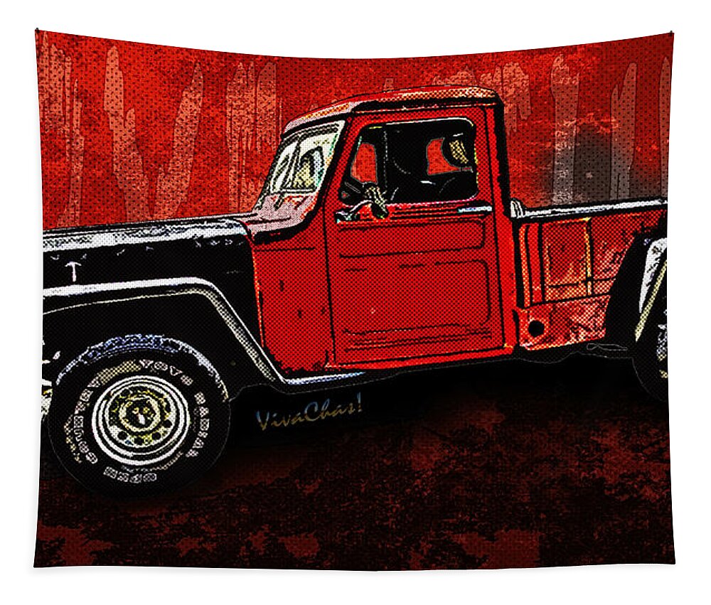 Willys Tapestry featuring the photograph Jeep Pickup Adventure Comic Book Scene by Chas Sinklier