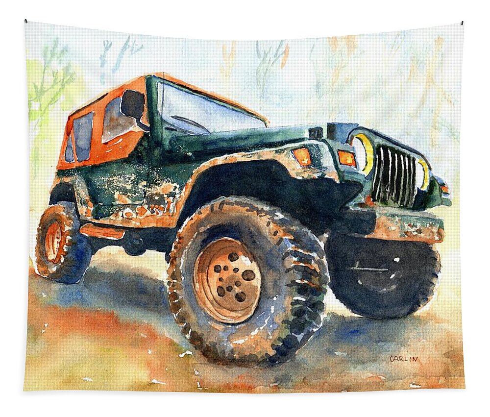Jeep Tapestry featuring the painting Jeep Wrangler Watercolor by Carlin Blahnik CarlinArtWatercolor