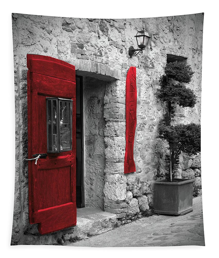 Romantic Street Tapestry featuring the photograph Jewelry Store with Red Door in Monteregionni, Tuscany, Italy by Lily Malor