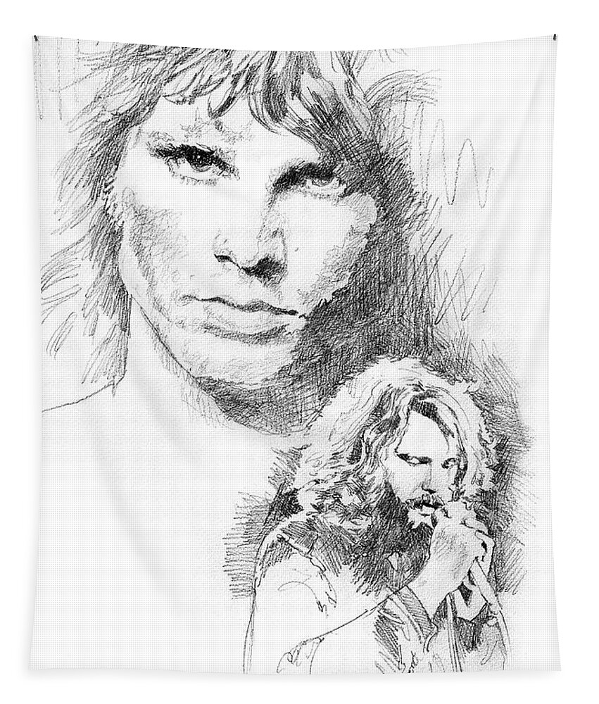 Pencil Tapestry featuring the drawing Jim Morrison Faces by David Lloyd Glover