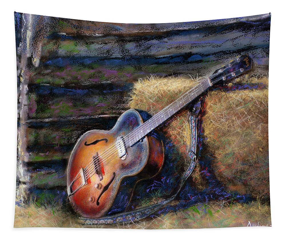 Watercolor Tapestry featuring the painting Jim's Guitar by Andrew King