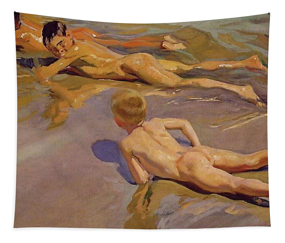 Children On The Beach Tapestry featuring the painting Children on the Beach by Joaquin Sorolla