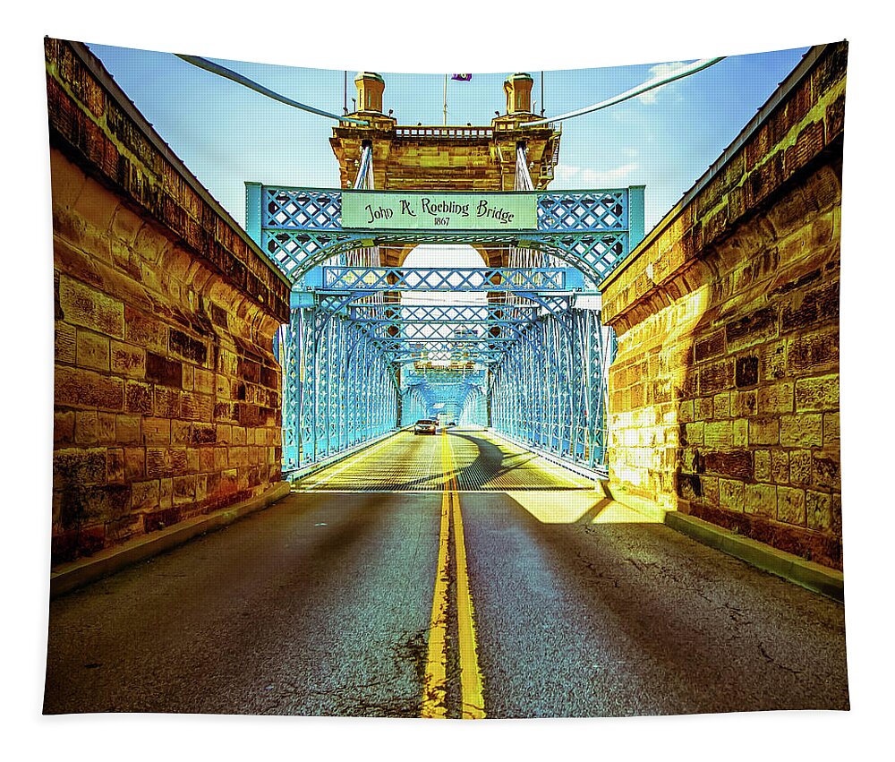 America Tapestry featuring the photograph John Roebling Bridge - Cincinnati Vintage Art by Gregory Ballos