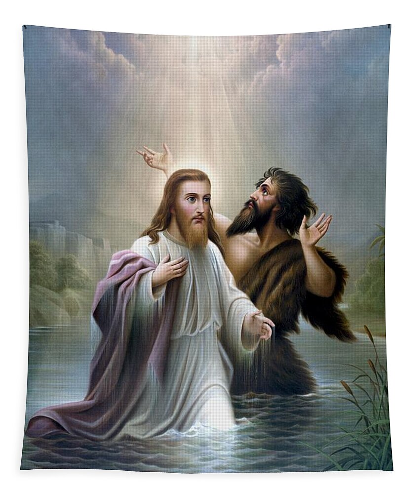Jesus Tapestry featuring the painting John the Baptist baptizes Jesus Christ by War Is Hell Store