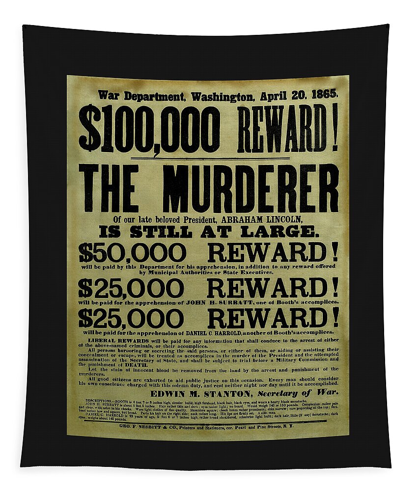 Wanted Tapestry featuring the mixed media John Wilkes Booth Wanted Poster by War Is Hell Store