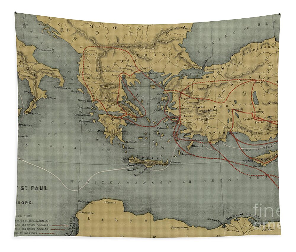 Mediterranean Tapestry featuring the drawing Journeys of St Paul between Asia and Europe by English School