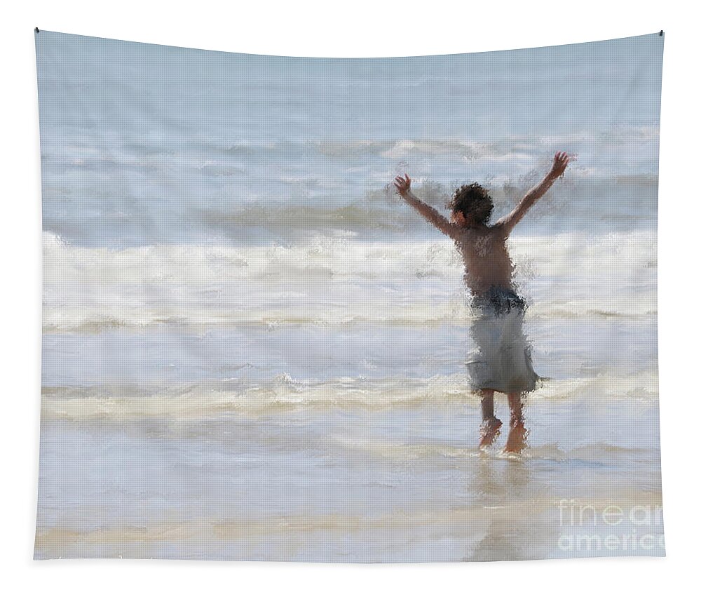 Little Boy Tapestry featuring the painting Joyful Jumping In The Ocean by Constance Woods