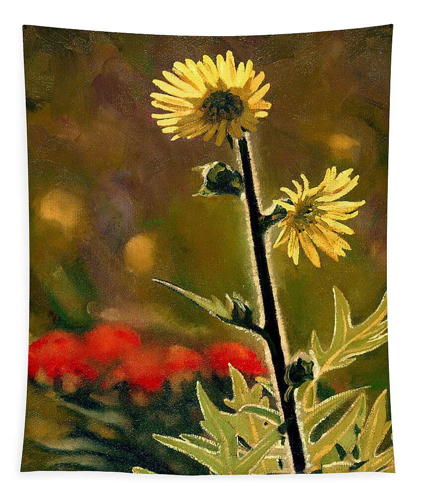 Prairie Flowers Tapestry featuring the painting July Afternoon-Compass Plant by Bruce Morrison