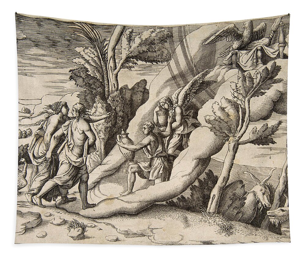 Giulio Bonasone Tapestry featuring the drawing Jupiter and Juno being received in the heavens by Ganymede and Hebe by Giulio Bonasone