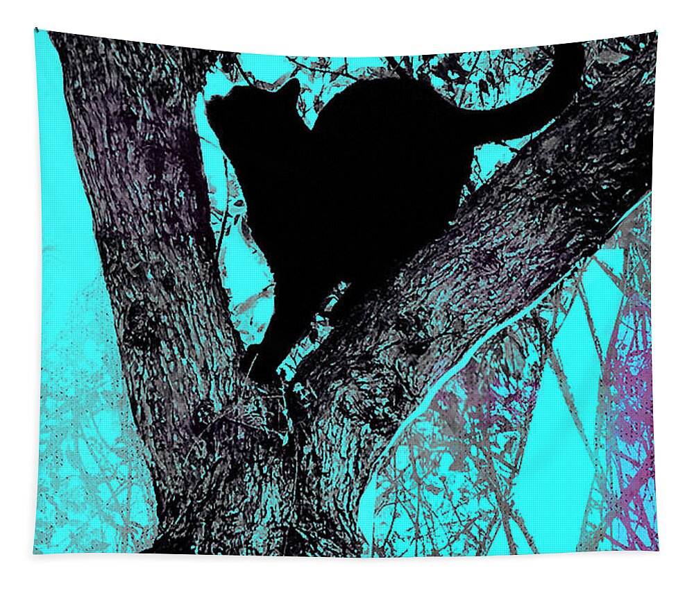 Figurative Abstraction Tapestry featuring the mixed media Black Cat- Violet Moon by Zsanan Studio
