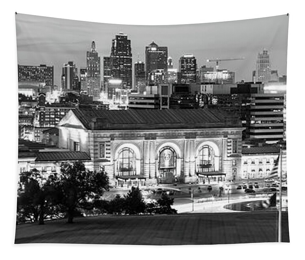 Kansas City Tapestry featuring the photograph Kansas City Skyline Panorama at Dusk in Black and White by Gregory Ballos