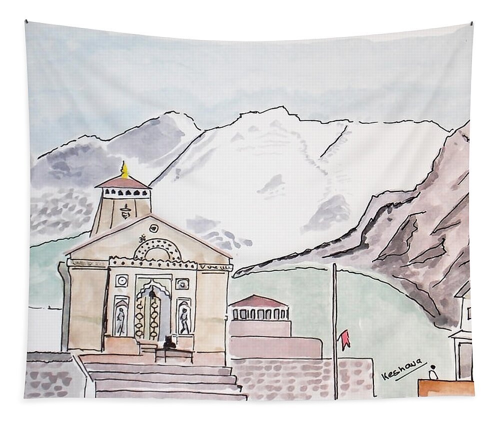 Kedarnath Tapestry featuring the painting Kedarnath Jyotirling by Keshava Shukla