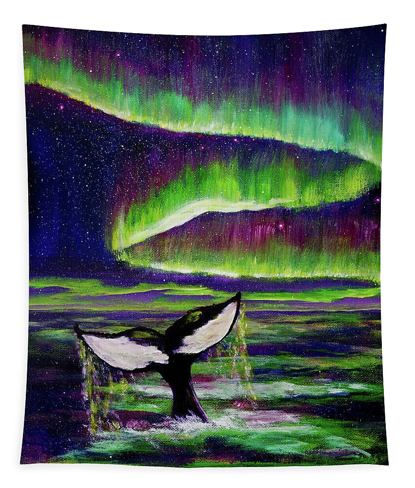 Killer Whale Tapestry featuring the painting Killer Whale Tail in Aurora Borealis by Laura Iverson