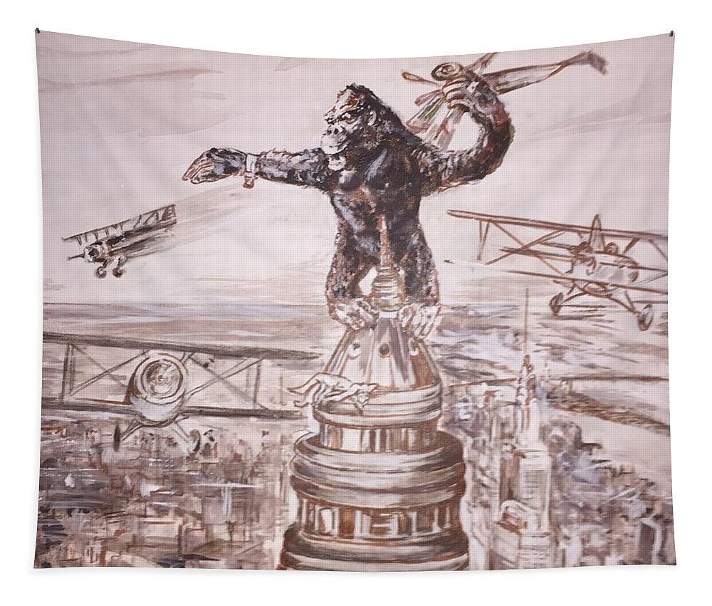 King Kong 1933 Bruce Cabot Robert Armstrong Fay Wray Creature Features Rko Radio Pictures Silver Screen Tapestry featuring the painting King Kong - Atop The Empire State Building by Jonathan Morrill