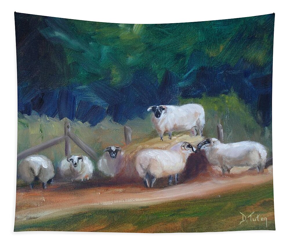 Sheep Tapestry featuring the painting King of Green Hill Farm by Donna Tuten
