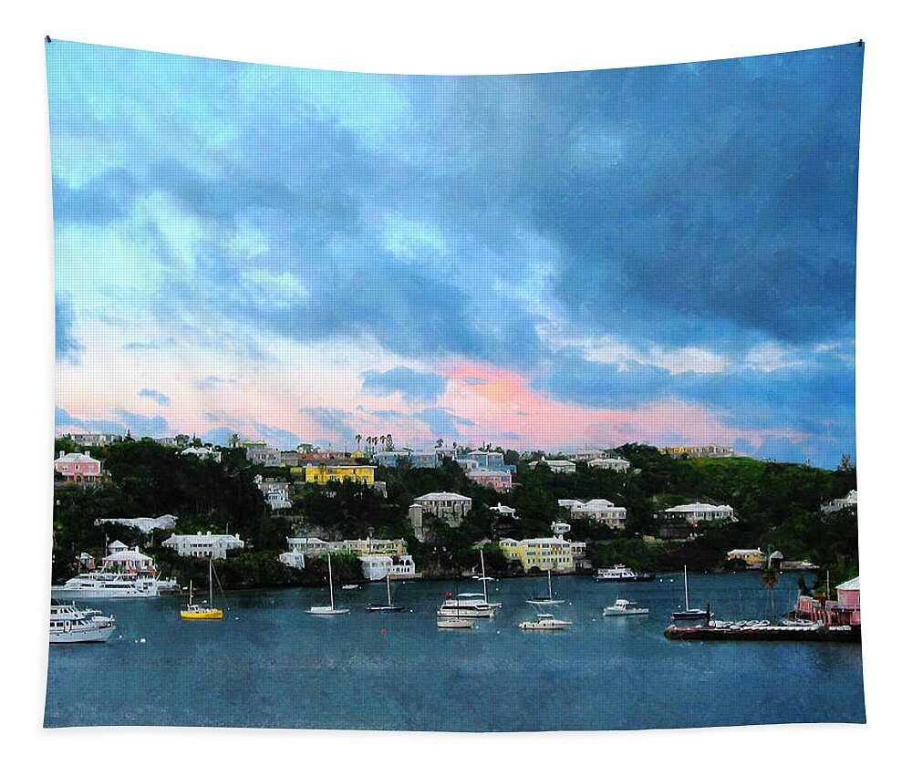 Boat Tapestry featuring the photograph King's Wharf Bermuda Harbor Sunrise by Susan Savad
