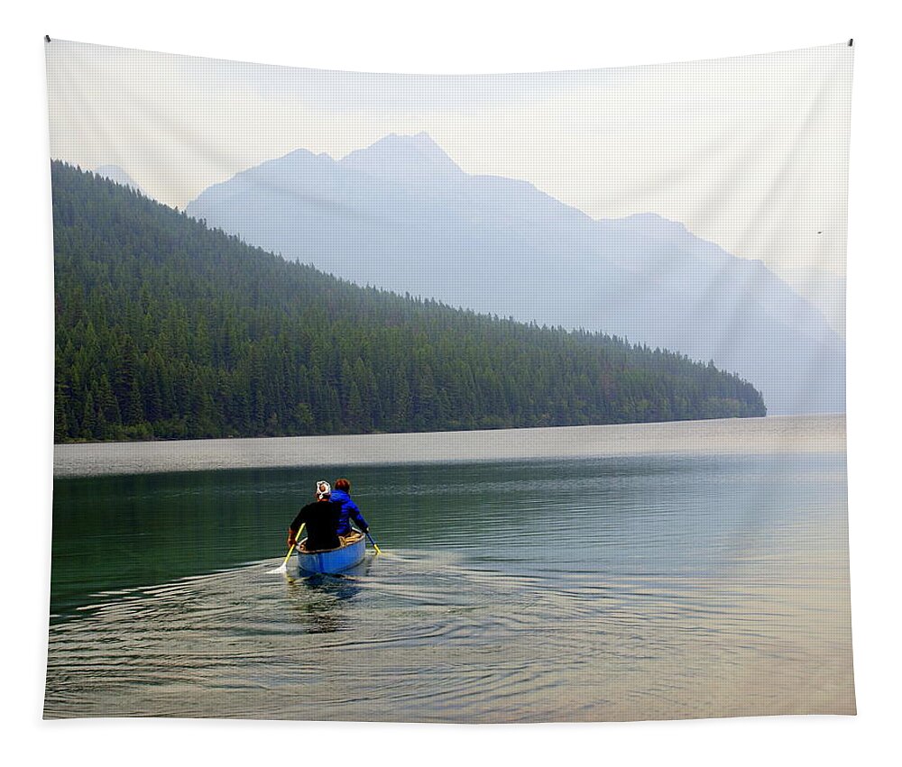 Mountains Tapestry featuring the photograph Kintla Lake Paddlers by Marty Koch