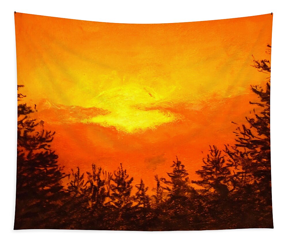 Chromatic Sunset Tapestry featuring the drawing Kissed Pines by Jen Shearer