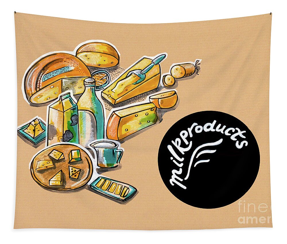 Food Tapestry featuring the drawing Kitchen Illustration Of Menu Of Milk Products by Ariadna De Raadt
