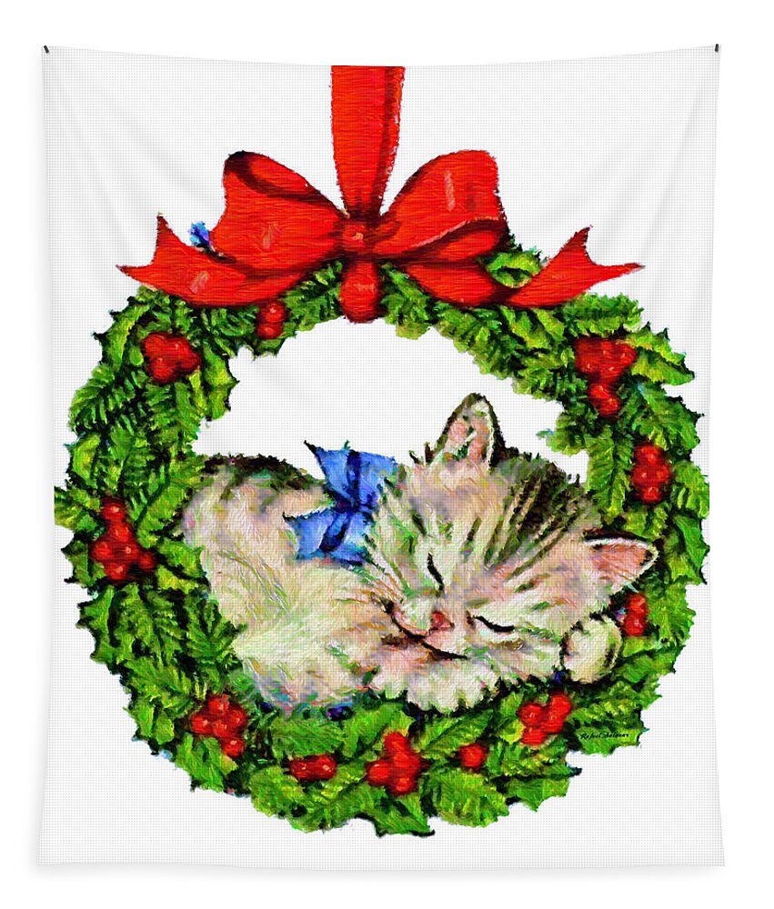Rafael Salazar Tapestry featuring the digital art Kitten in a Christmas Wreath by Rafael Salazar