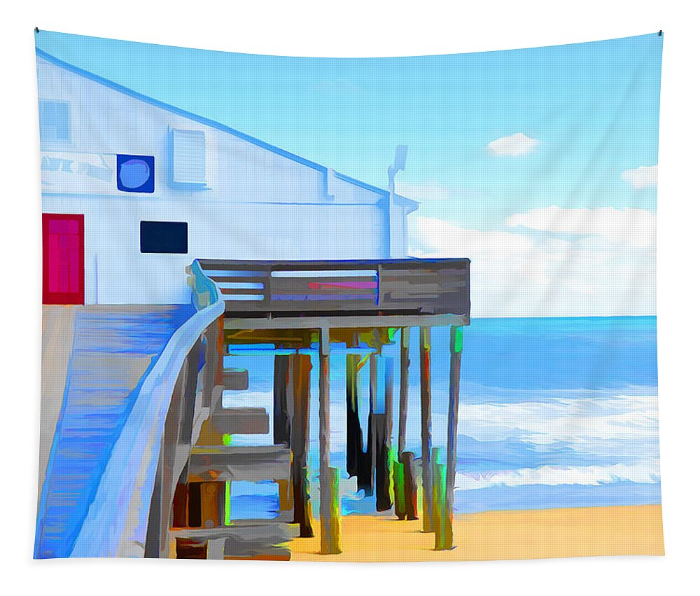 Fishing Pier Tapestry featuring the painting Kitty Hawk Pier 2 by Jeelan Clark