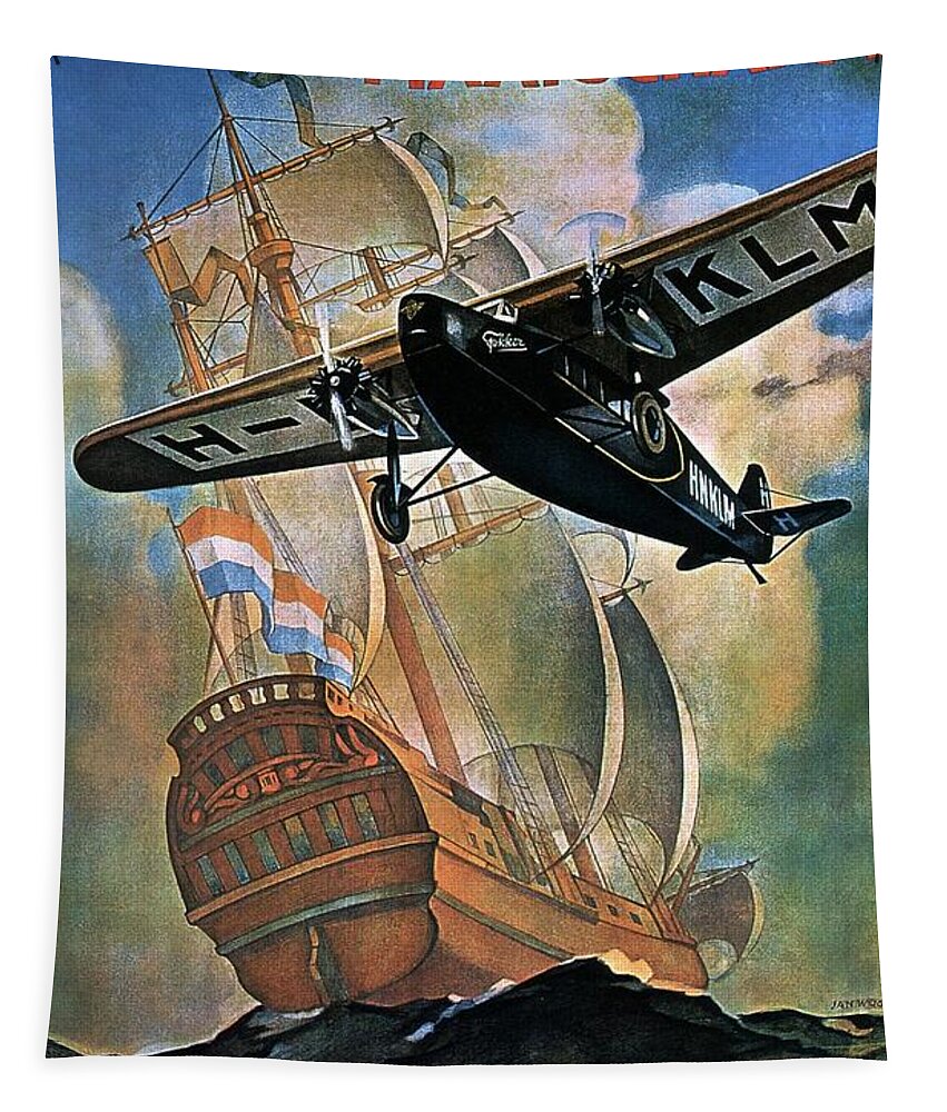 Klm Tapestry featuring the painting KLM - Royal Dutch Airlines Aircraft flying over a sailing ship - Vintage Advertising Poster by Studio Grafiikka