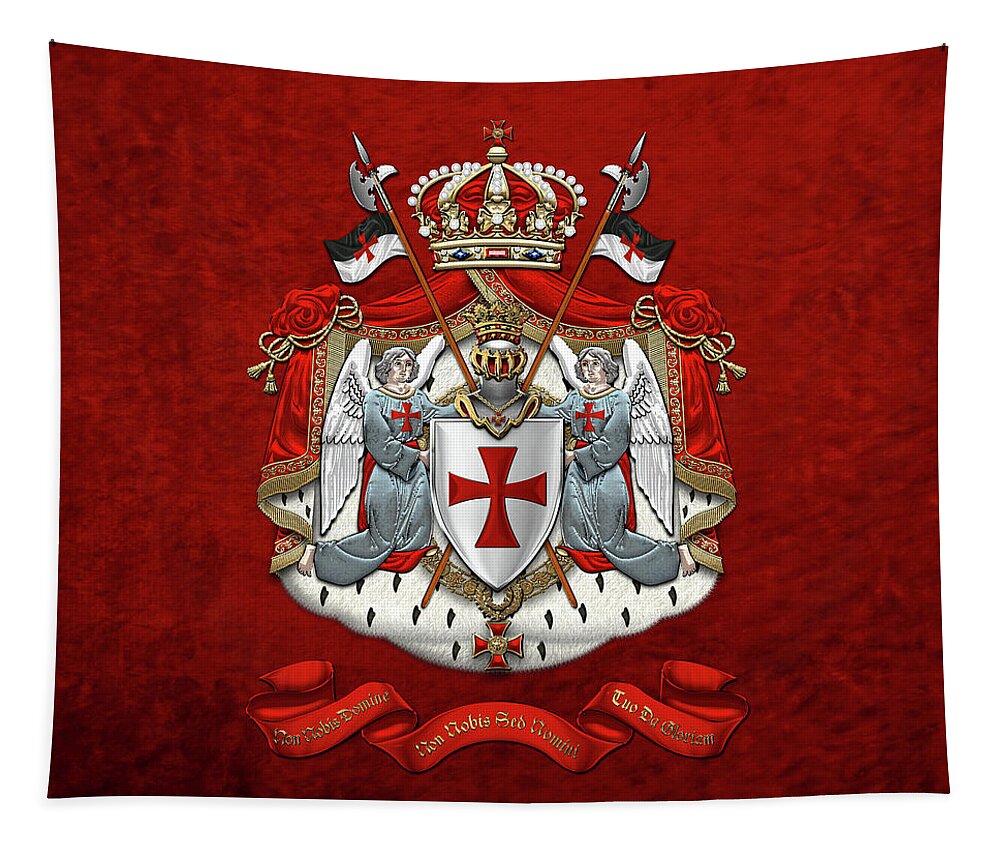 'ancient Brotherhoods' Collection By Serge Averbukh Tapestry featuring the digital art Knights Templar - Coat of Arms over Red Velvet by Serge Averbukh