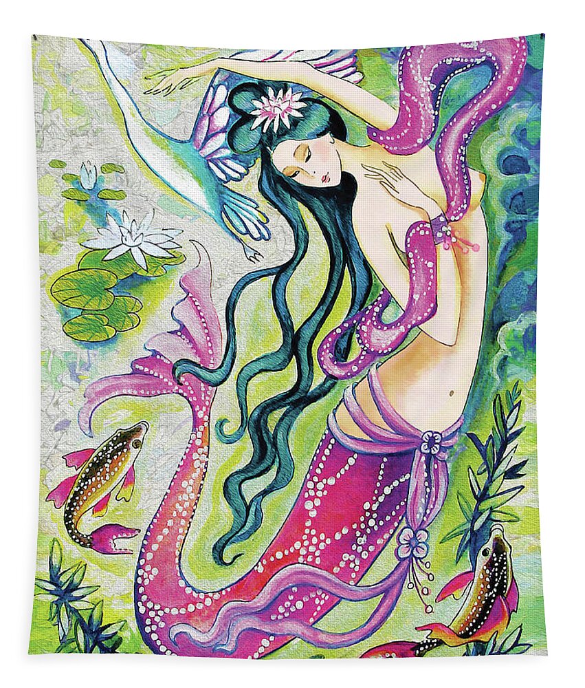 Sea Goddess Tapestry featuring the painting Koi Fish Mermaid by Eva Campbell