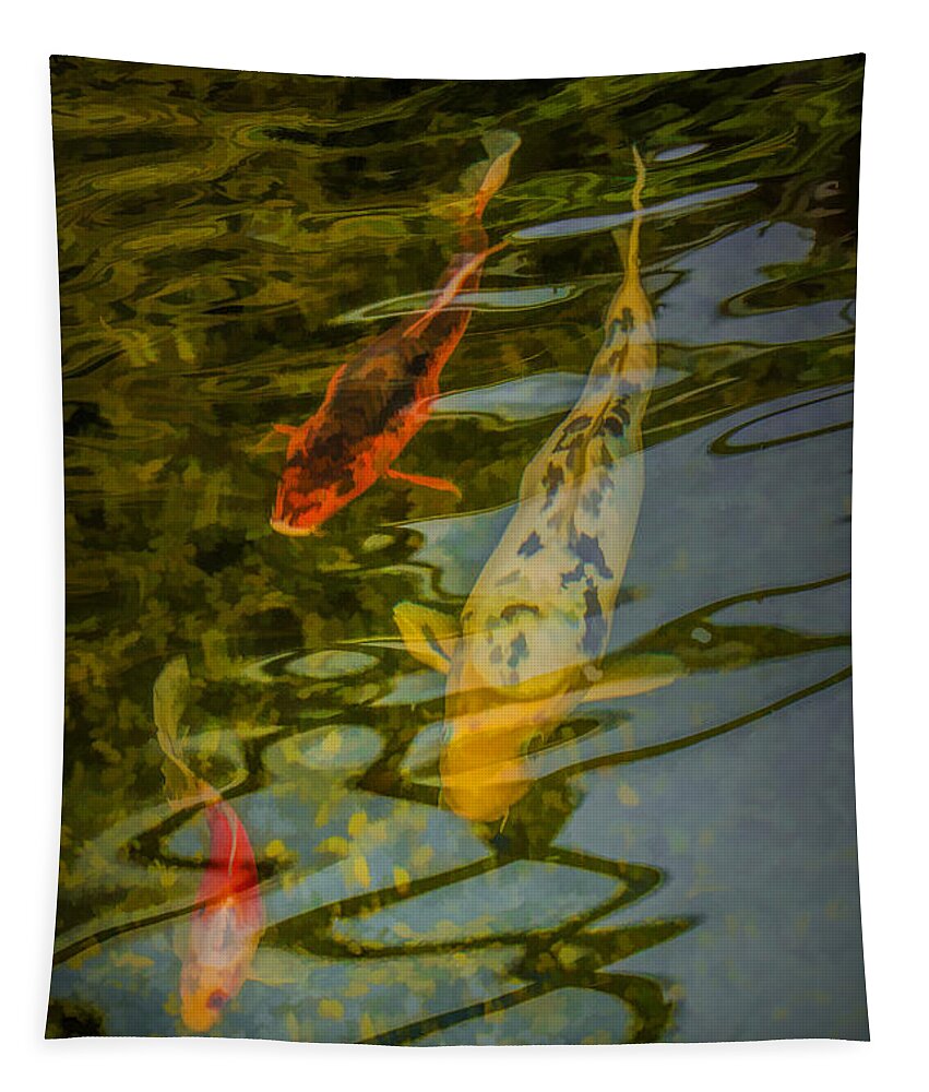 Art Tapestry featuring the photograph Koi Fish swimming underneath the Reflections in a Pond by Randall Nyhof