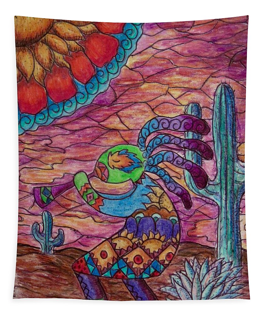 Southwestern Symbols Tapestry featuring the drawing Kokopelli 4 by Megan Walsh