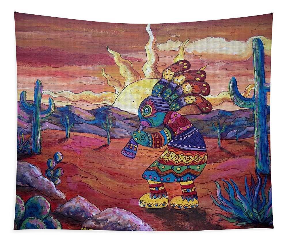 Southwestern Art Tapestry featuring the painting Kokopelli sunset by Megan Walsh