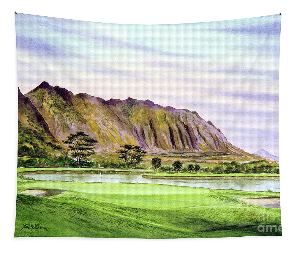 Koolau Golf Course Tapestry featuring the painting Koolau Golf Course Hawaii 16Th Hole by Bill Holkham