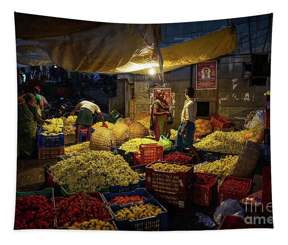 India Tapestry featuring the photograph Koyambedu Chennai Flower Market Predawn by Mike Reid