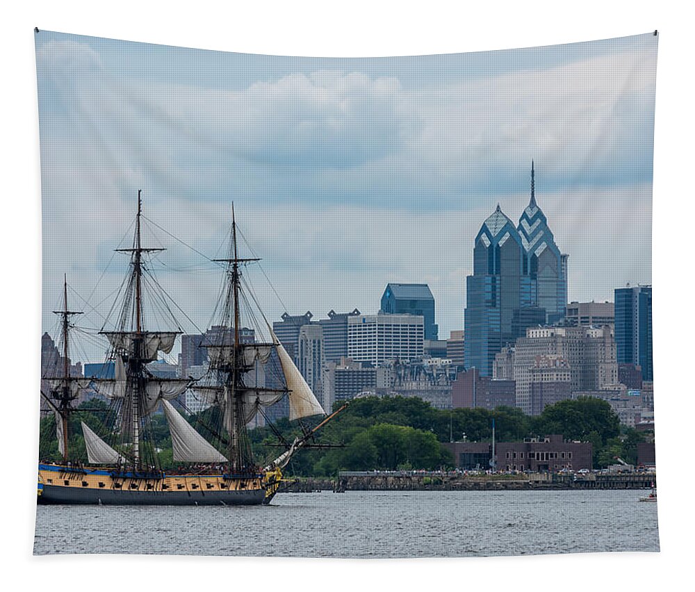 Terry Deluco Tapestry featuring the photograph L Hermione Philadelphia Skyline by Terry DeLuco