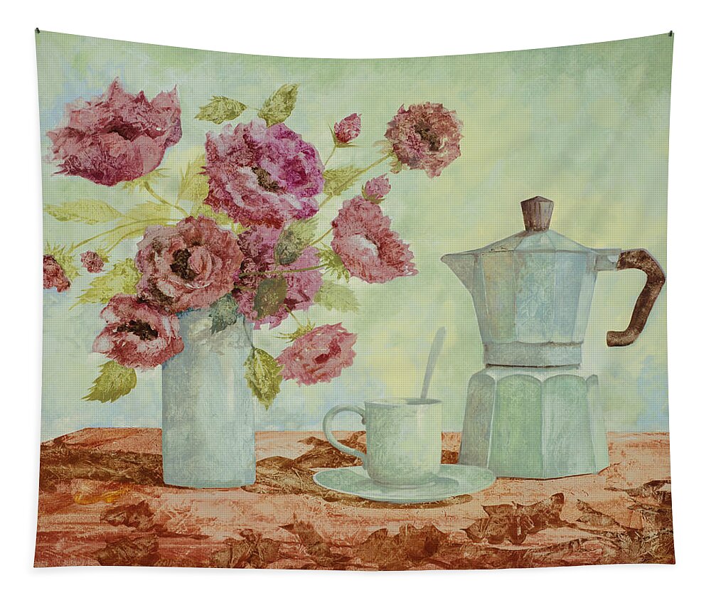 Breakfast Tapestry featuring the painting La Caffettiera E I Fiori Amaranto by Guido Borelli