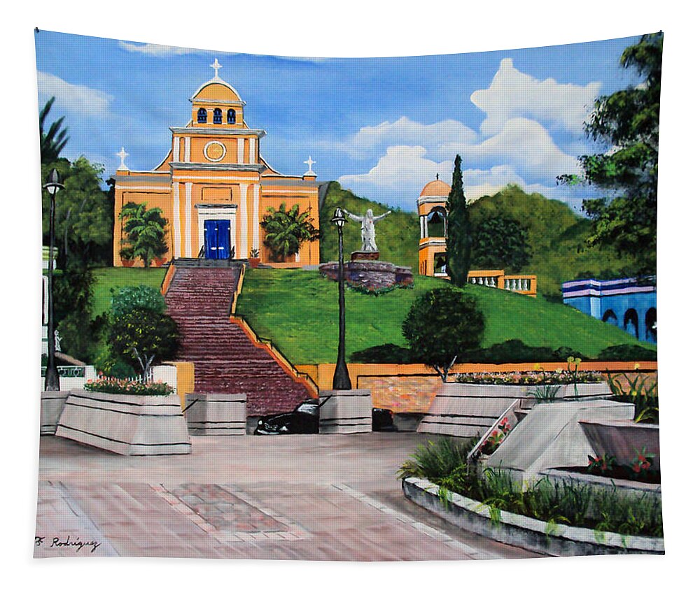 La Plaza De Moca Tapestry featuring the painting La Plaza De Moca by Luis F Rodriguez