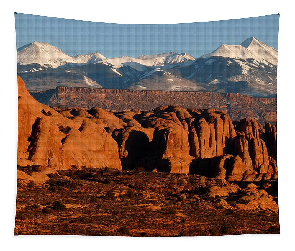 Moab Tapestry featuring the photograph La Sal Mountains by Tranquil Light Photography