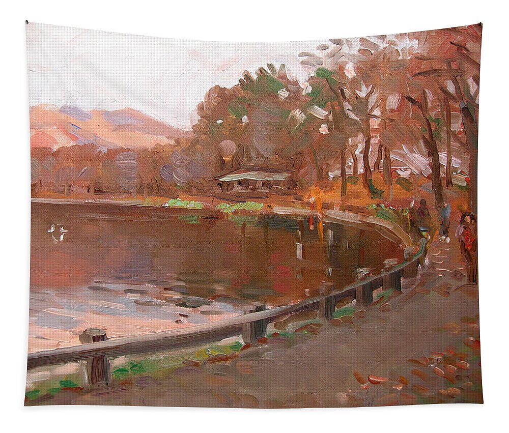 Lake Tapestry featuring the painting Lake in Bear Mountin by Ylli Haruni