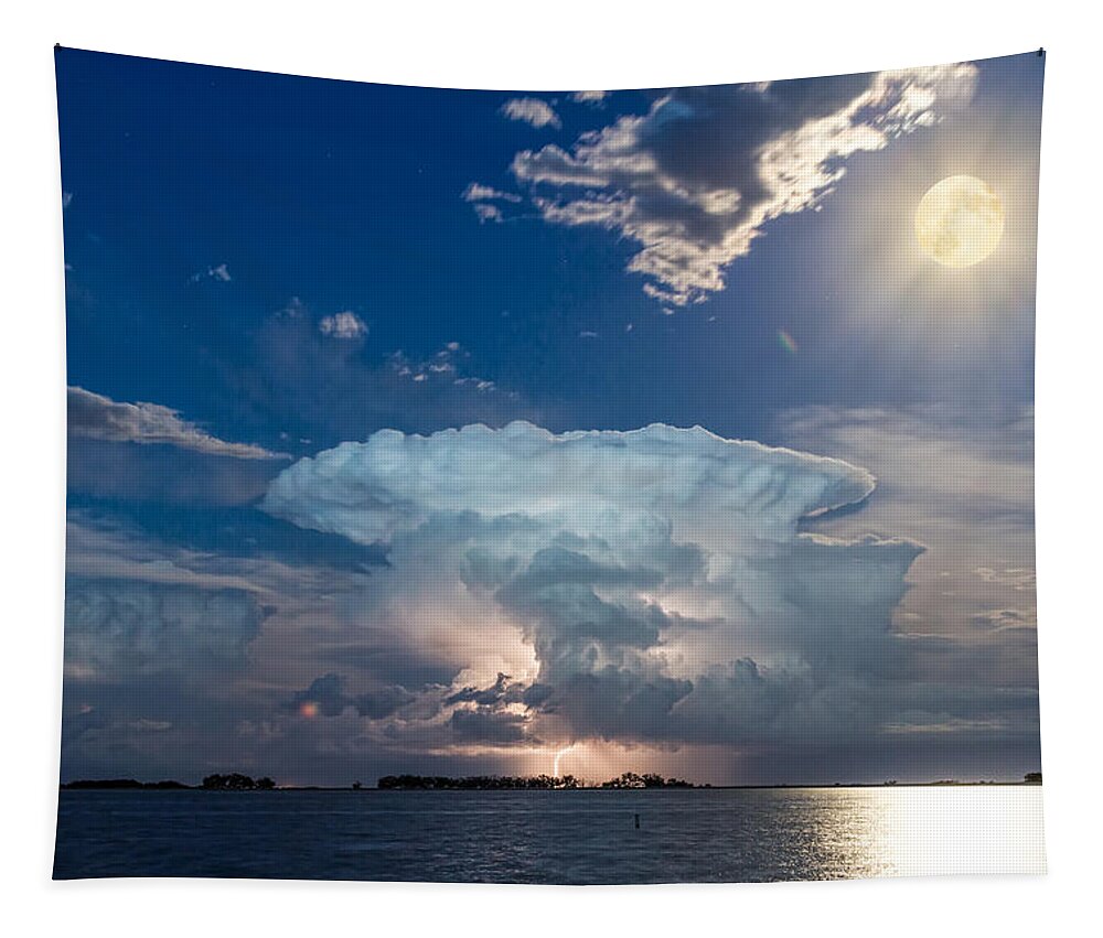 Storm Tapestry featuring the photograph Lake Lightning Thunderstorm Striking and Full Moon  by James BO Insogna