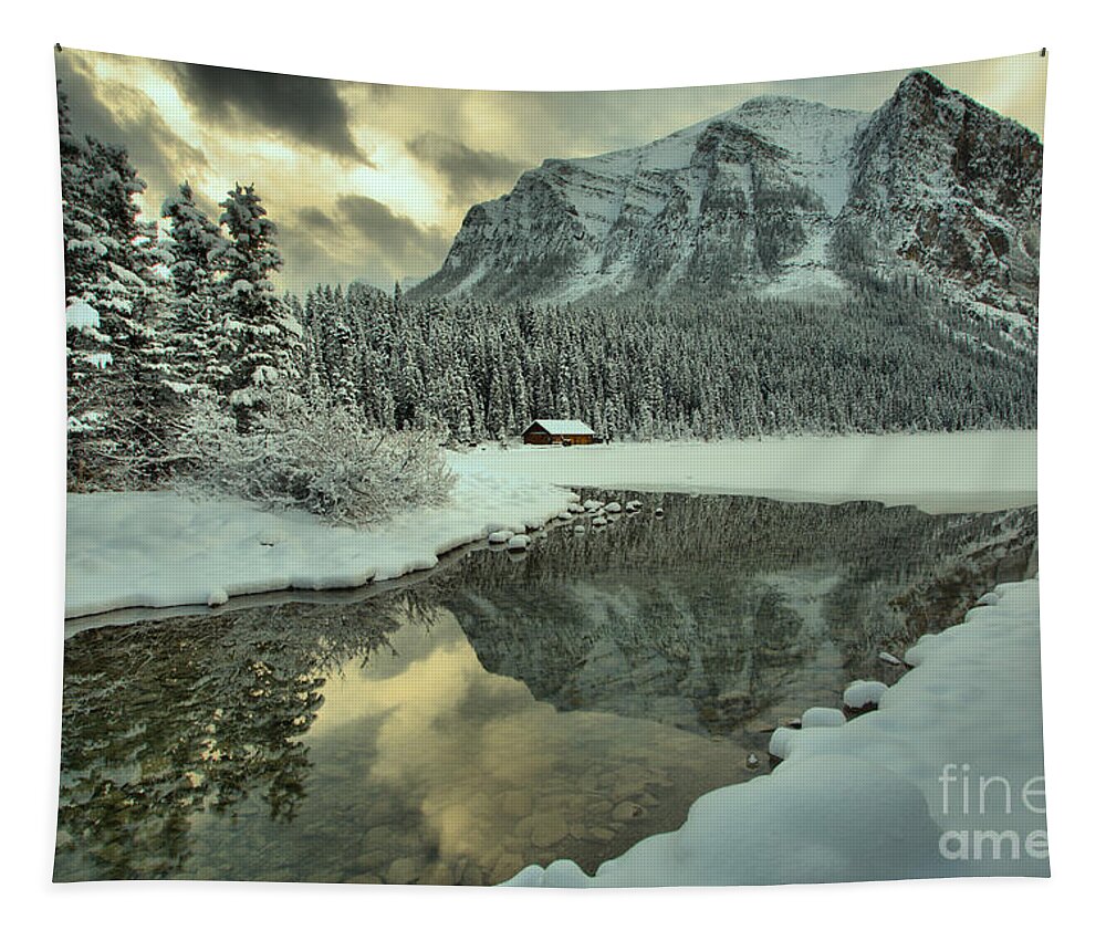 Lake Louise Tapestry featuring the photograph Lake Louise Winter Mountain Reflections by Adam Jewell