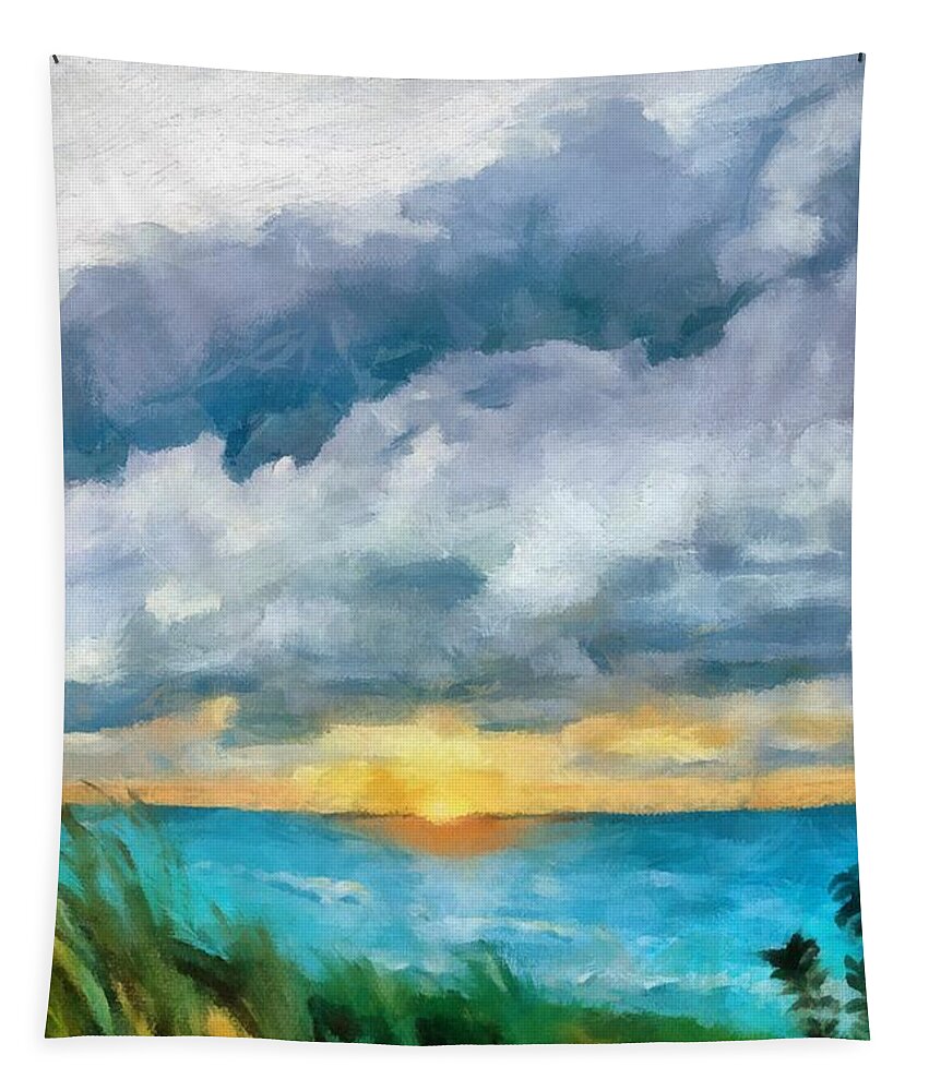 Golden Tapestry featuring the painting Lake Michigan Sunset by Michelle Calkins