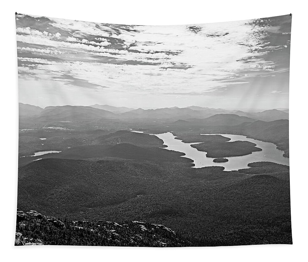 Placid Tapestry featuring the photograph Lake Placid from Whiteface Mountain Adirondacks Upstate New York Wilmington Black and White by Toby McGuire