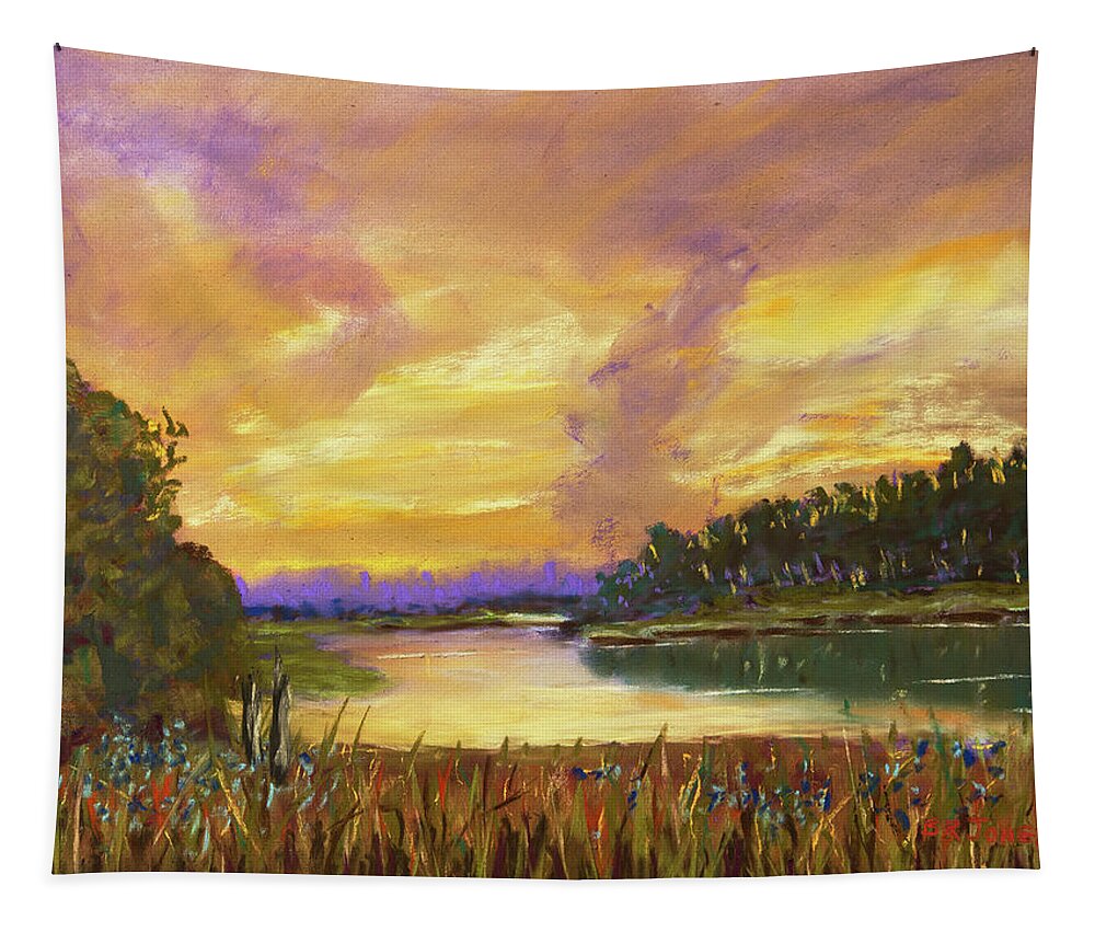 Sunset Tapestry featuring the painting Lake Sunset - Pastel Painting by Barry Jones