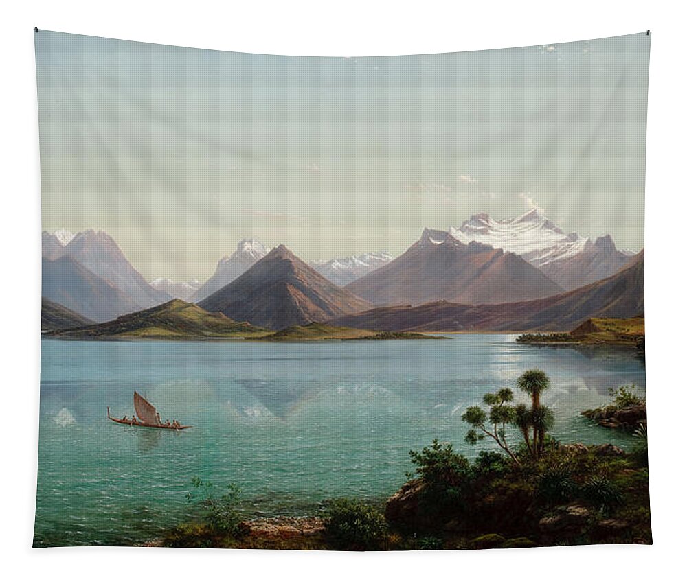 Eugene Von Guerard Tapestry featuring the painting Lake Wakatipu with Mount Earnslaw. Middle Island New Zealand by Eugene von Guerard