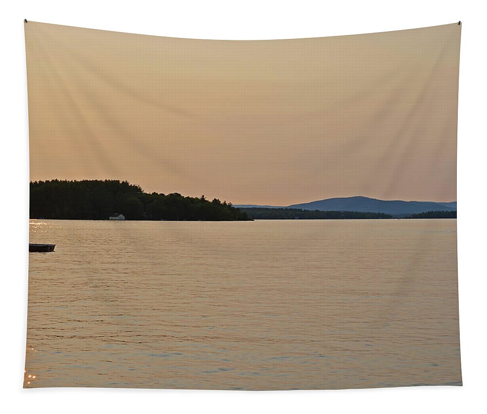 Lake Tapestry featuring the photograph Lake Winnipesaukee row boat sunset by Toby McGuire