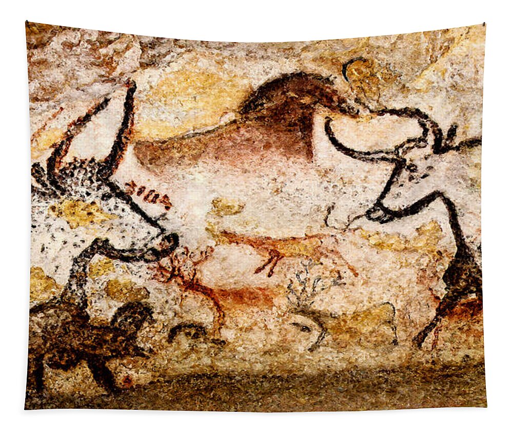 Lascaux Tapestry featuring the digital art Lascaux Hall of the Bulls - Deer and Aurochs by Weston Westmoreland
