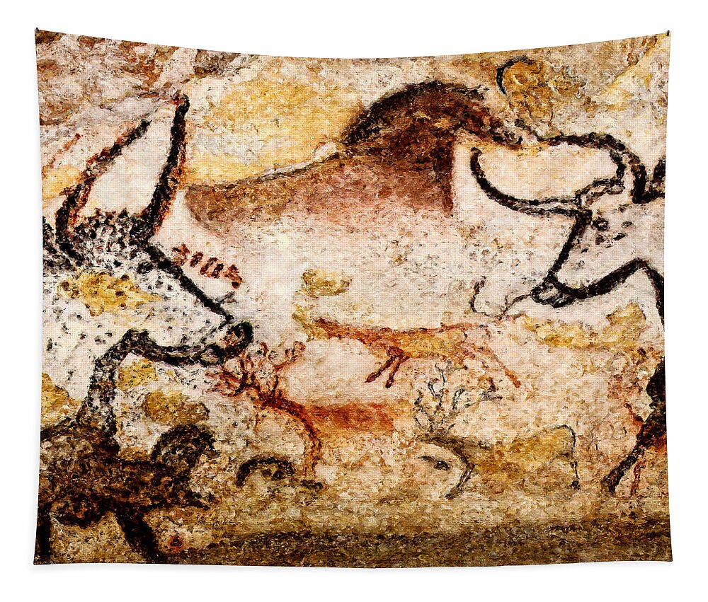 Lascaux Tapestry featuring the digital art Lascaux Hall of the Bulls - Deer between Aurochs by Weston Westmoreland