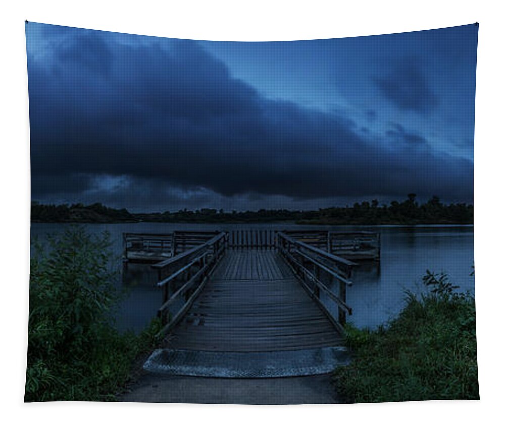 #beautiful #cloud #clouds #dangerous #dock #flooding #hail #heavy Rain #hifromsd #lake #lake Alvin #last Minute #lightning #panorama #rain #roll Cloud #run #scary #severe #sky #south Dakota #storm #sunset #take Shelter #thunder #thunderstorm #usa #water #weather #wide Angle Tapestry featuring the photograph Last Minute by Aaron J Groen